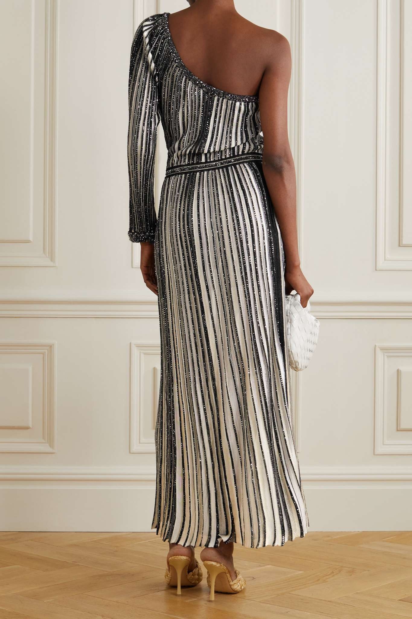 One-sleeve sequin-embellished striped crochet-knit maxi dress - 3