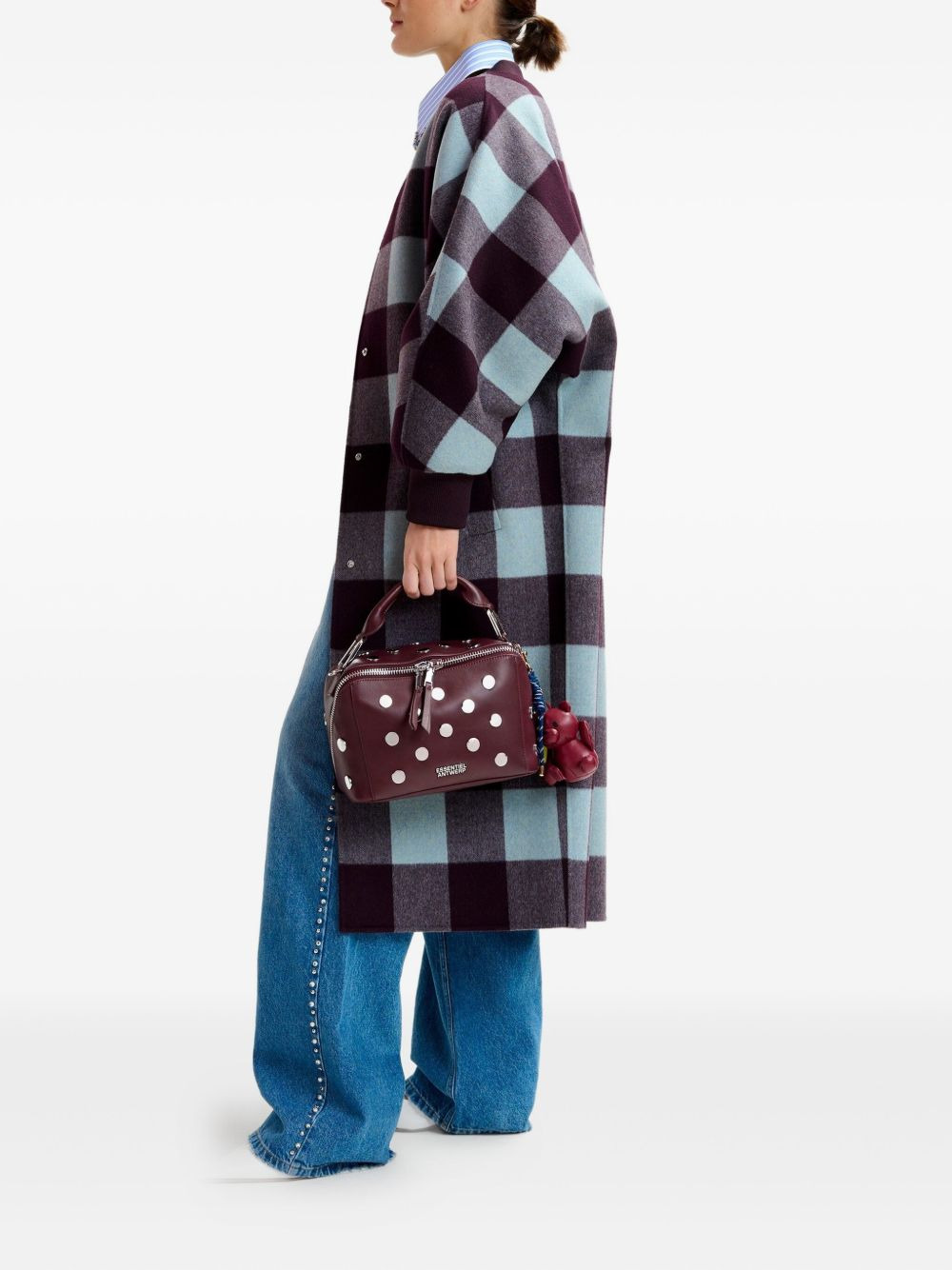 check-pattern ribbed-cuff coat - 3