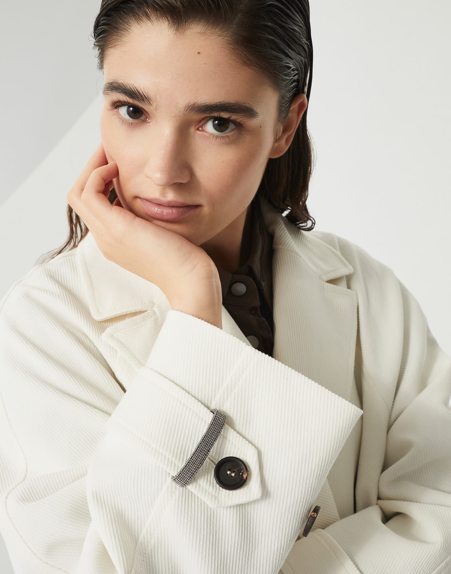 Cotton and linen cavalry pea coat with shiny cuff details - 3
