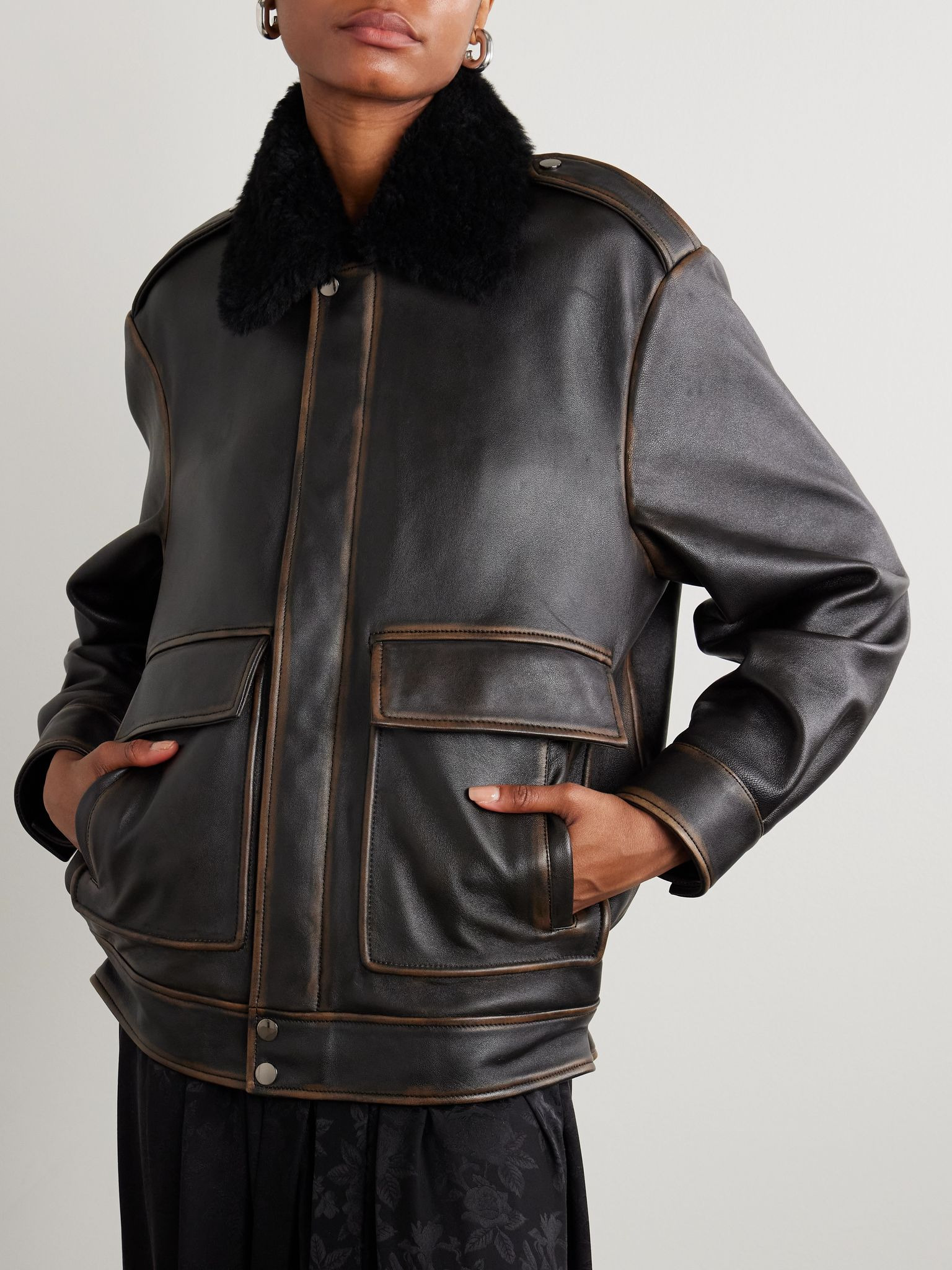 Drey distressed shearling-trimmed leather jacket Black - 3