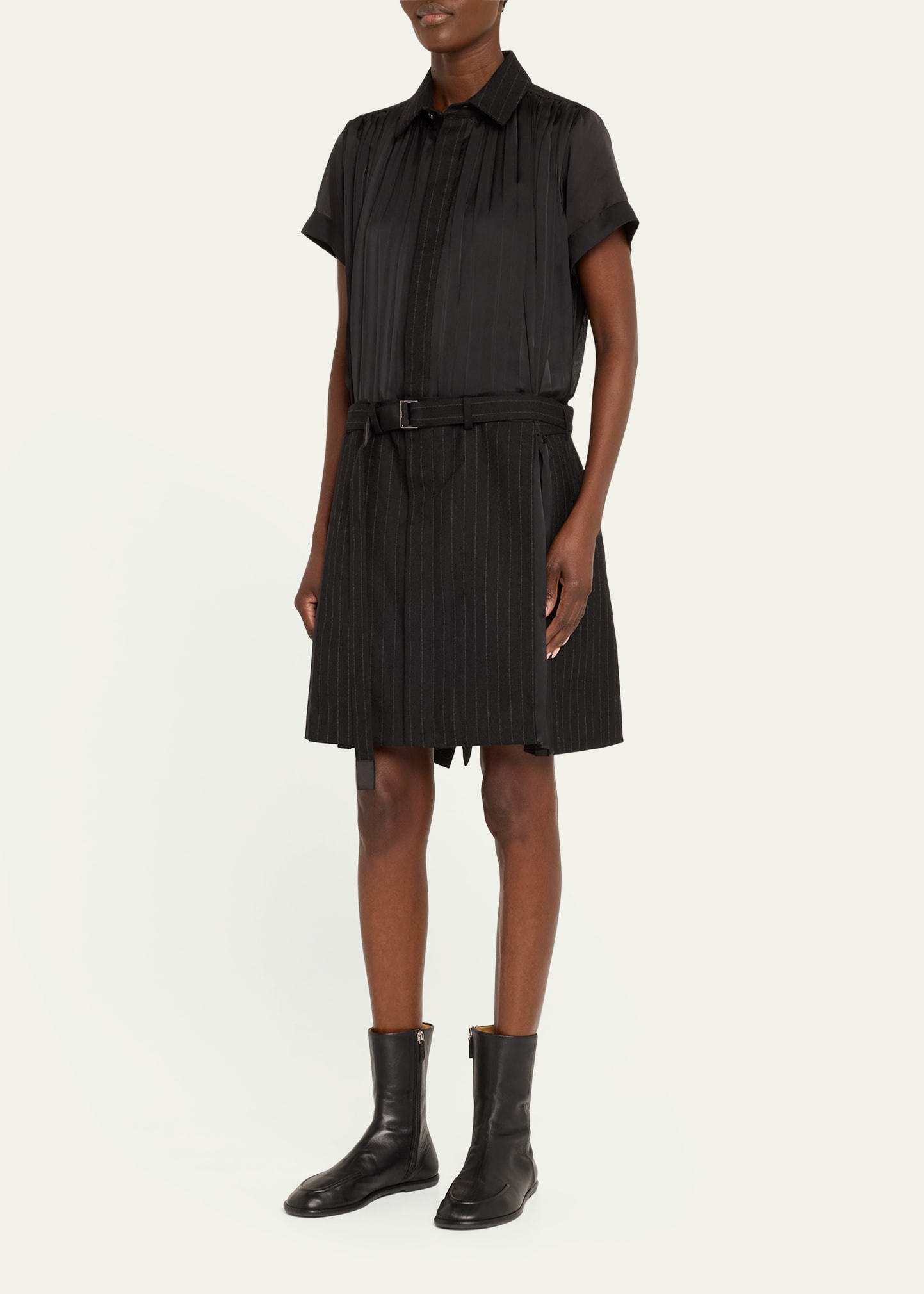 Short Belted Wool Pleated Shirt Dress - 4