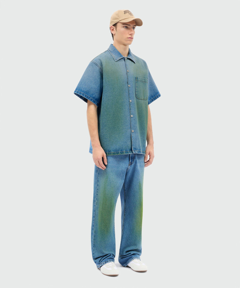 Light-wash denim short-sleeve shirt with localized distressing 4