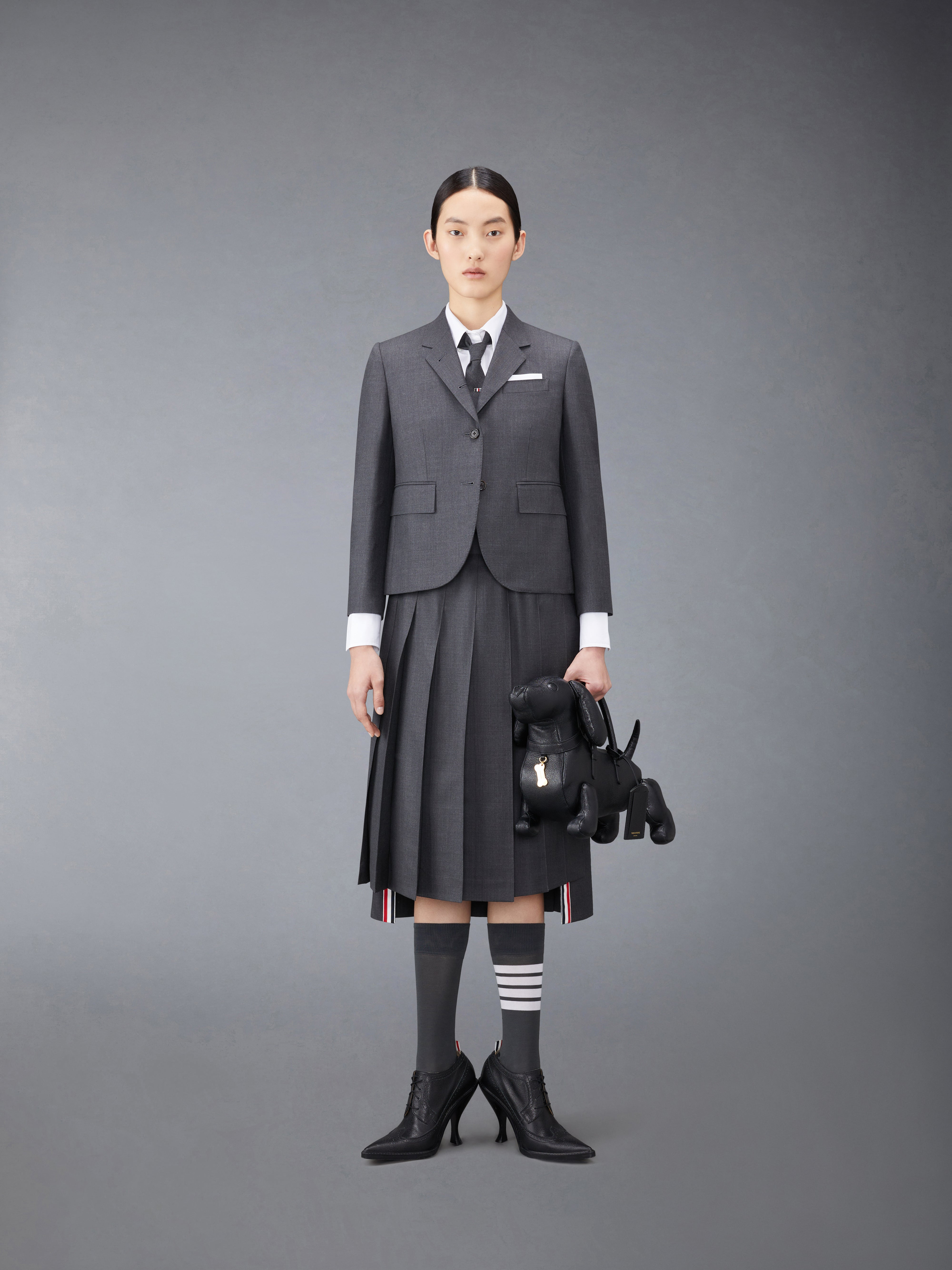 Dark Grey Super 120's Twill Below Knee Pleated Skirt - 4