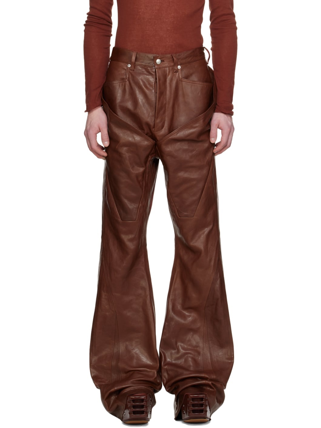 Burgundy Slivered Leather Pants - 1