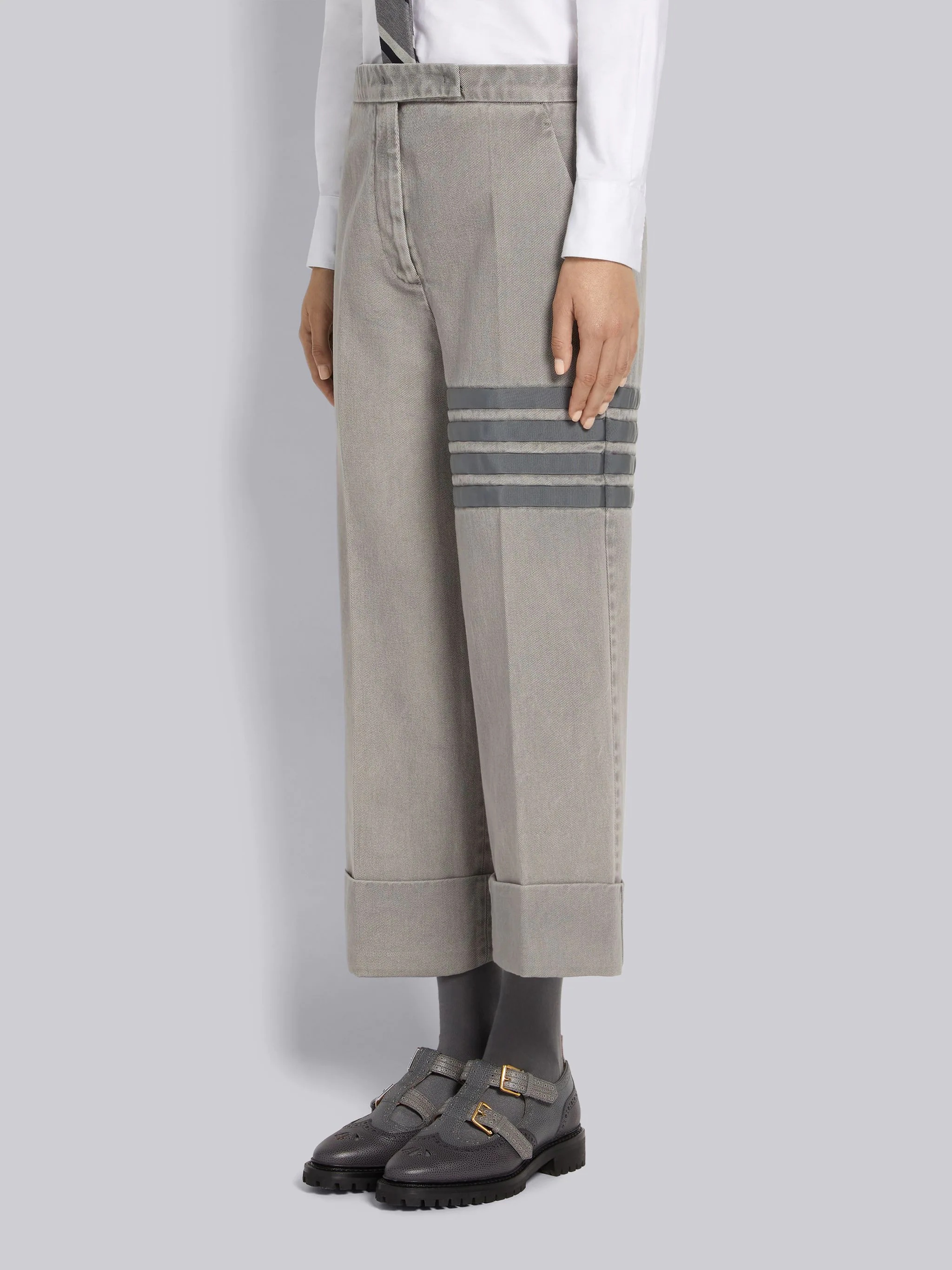Light Grey Heavyweight Garment Dyed Cotton Twill Tonal Grosgrain 4-Bar Sack Trouser - 2