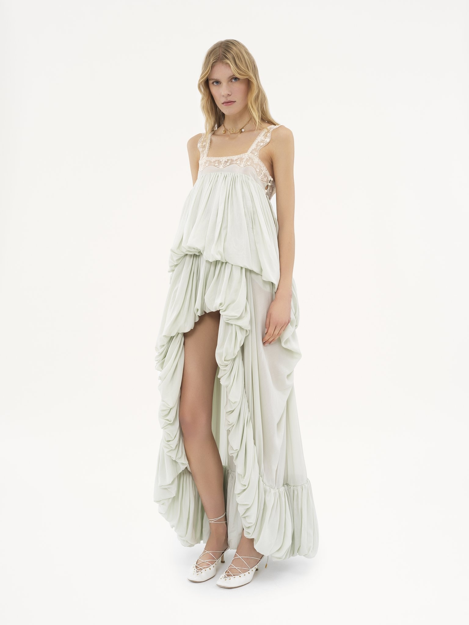 HIGH-LOW RUFFLED DRESS IN SILK HABOTAI & LACE - 3
