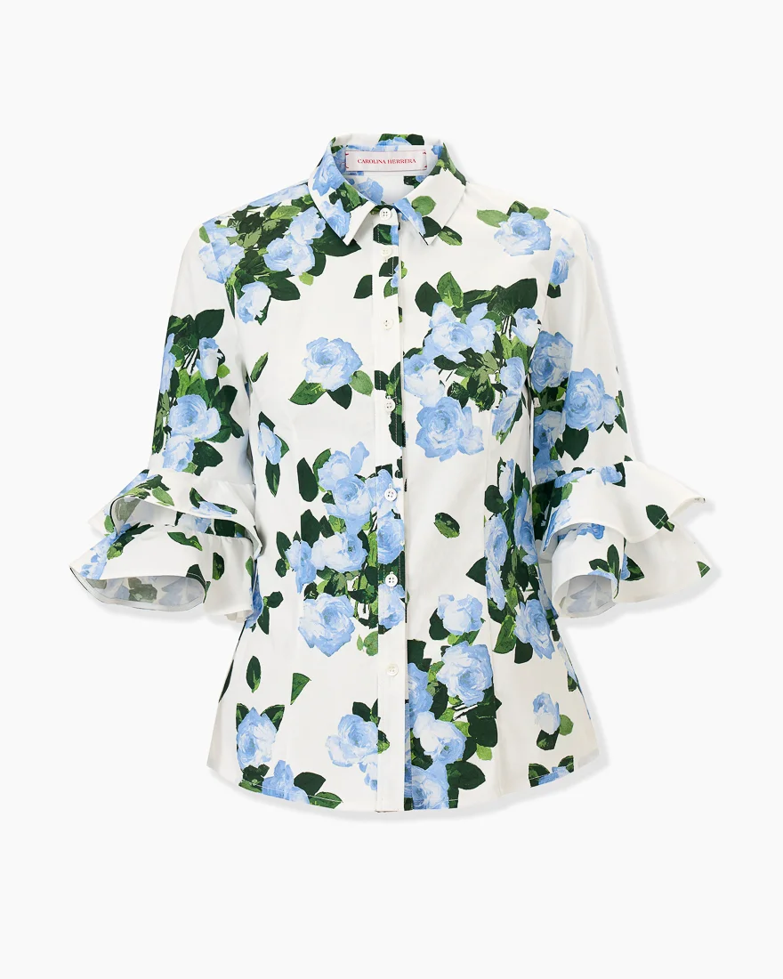 Rose-Print Ruffle-Sleeve Shirt - 1