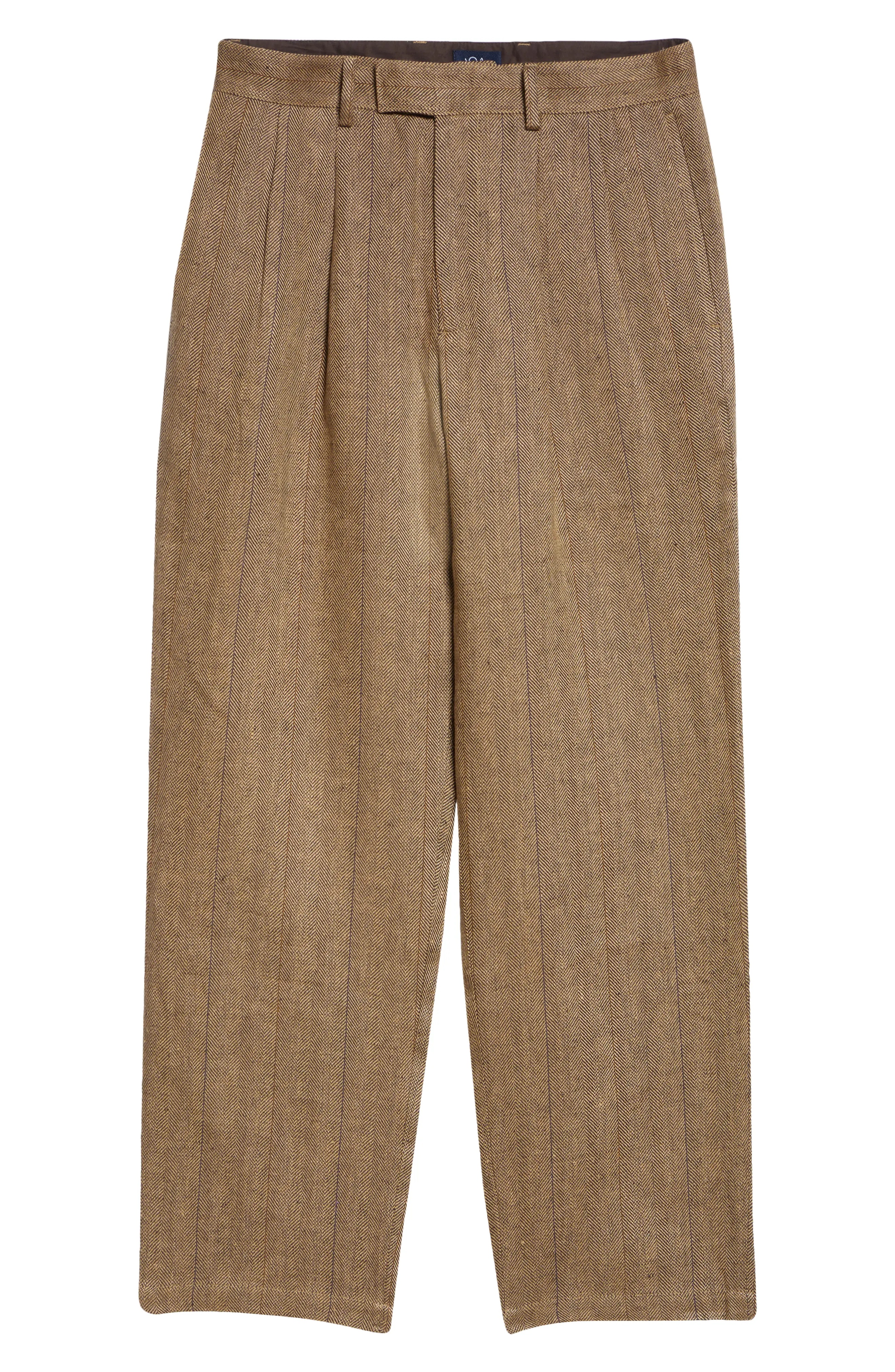 Double Pleat Linen Herringbone Pants in Tan/Brown Herringbone - 6