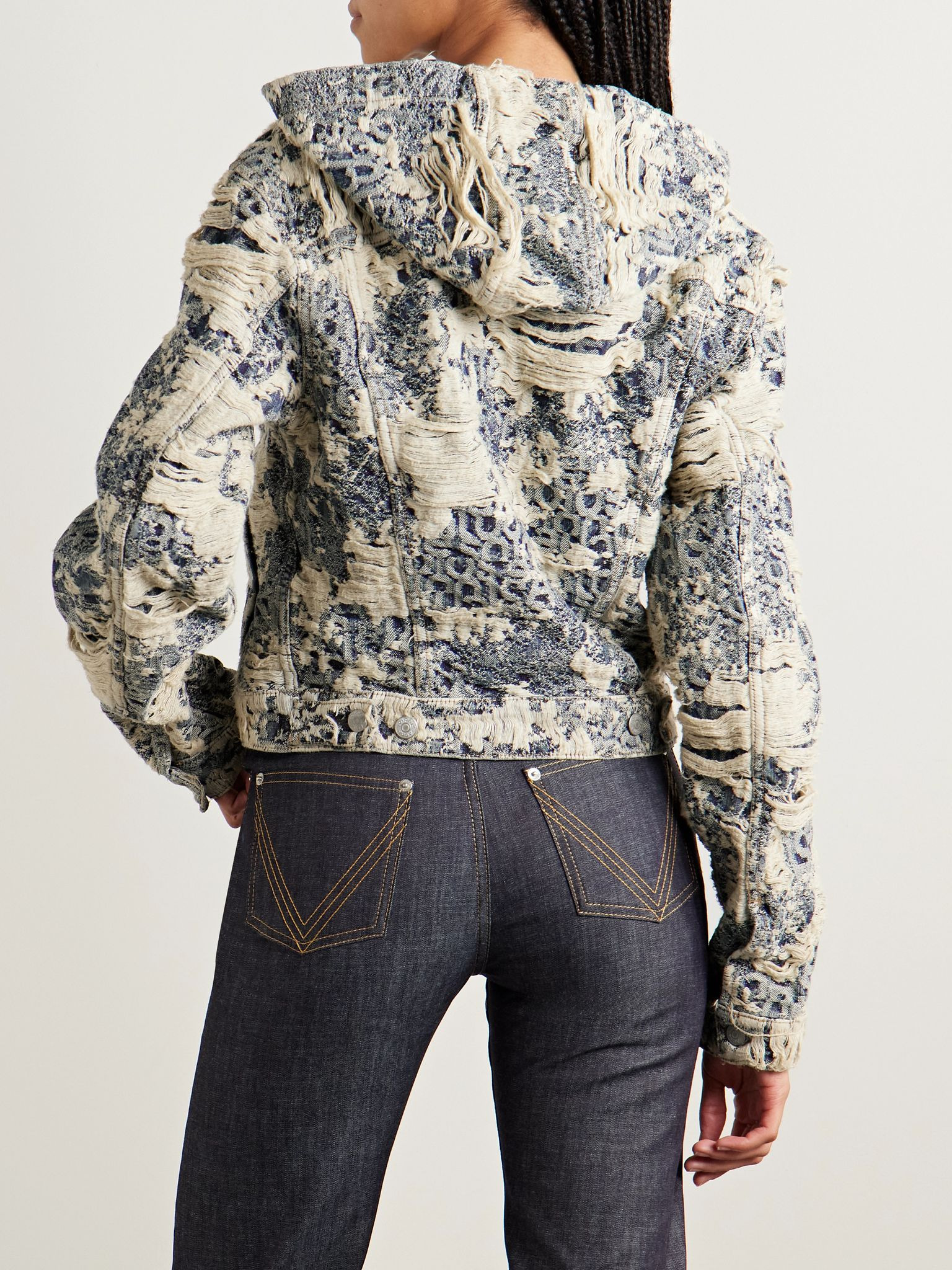 Hooded distressed organic denim-jacquard jacket Gray - 3
