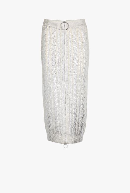 Long high-waisted silvery knit skirt - 1
