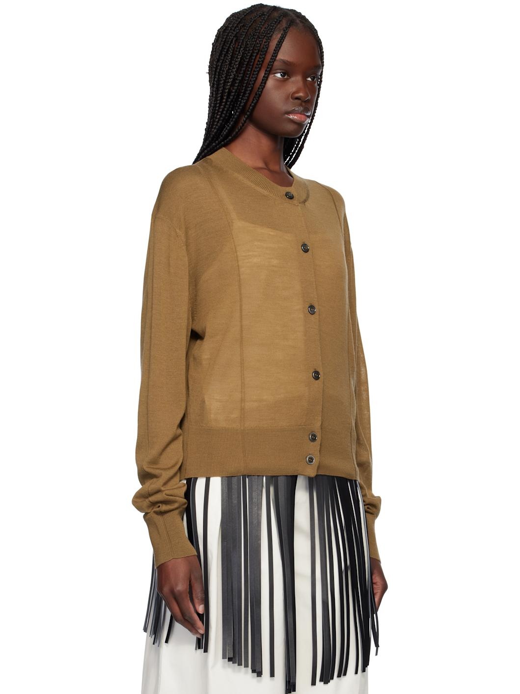 Tan Crewneck Sheer Knit Cardigan - 2