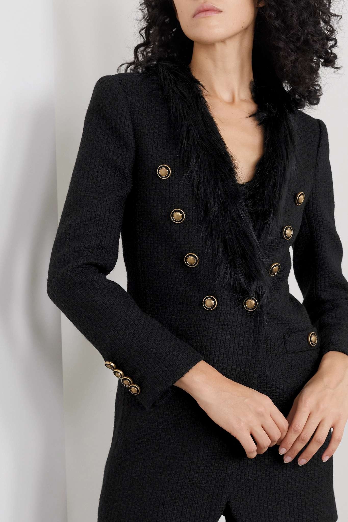 Double-breasted faux fur-trimmed wool-blend tweed blazer - 3