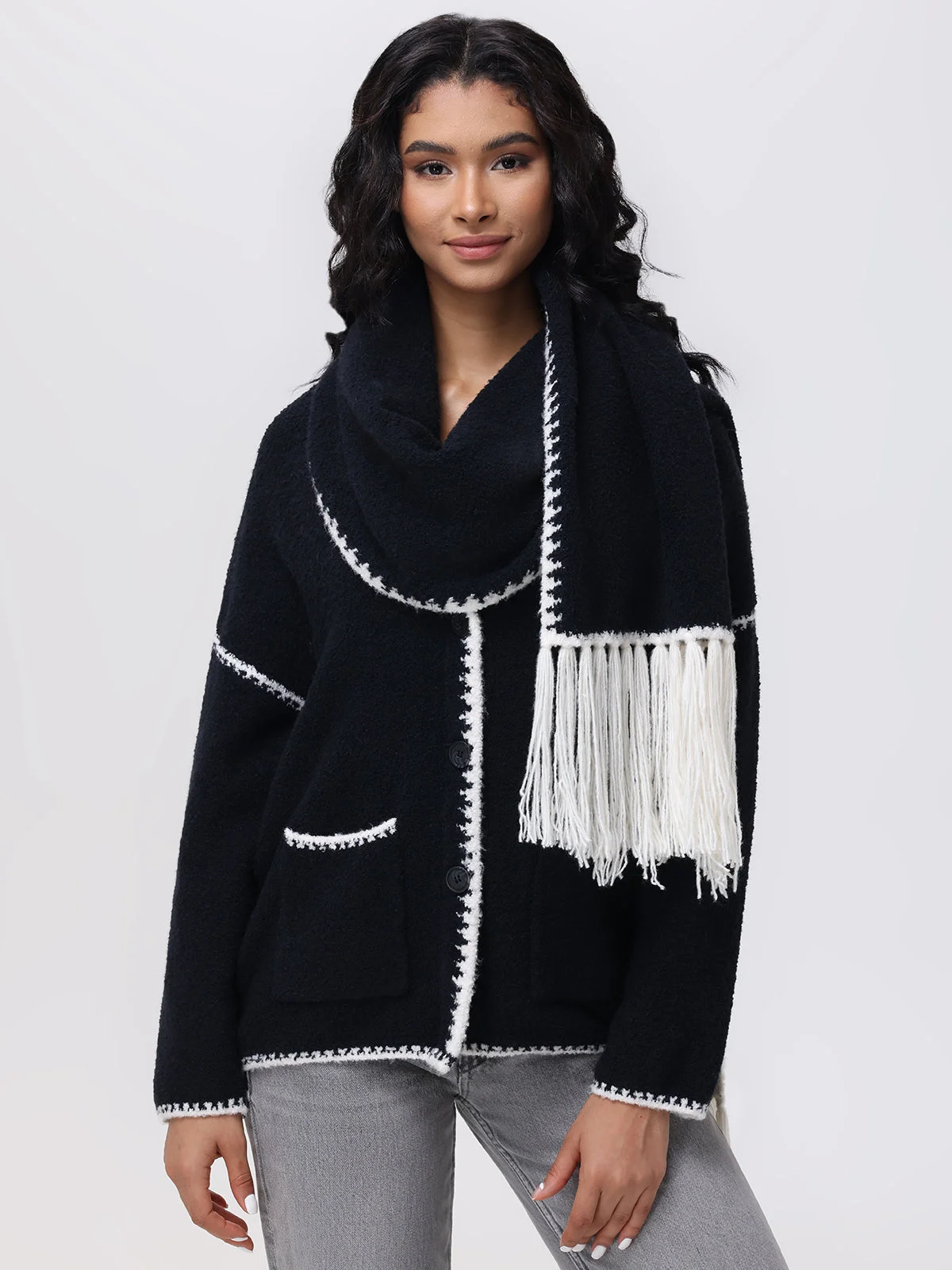 Tierney: Whipstitch Scarf Neckline Cardigan - 1