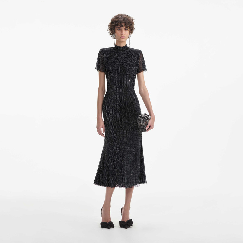 knee length dresses for ladies Black Square Rhinestone Mesh Midi Dress main image 0
