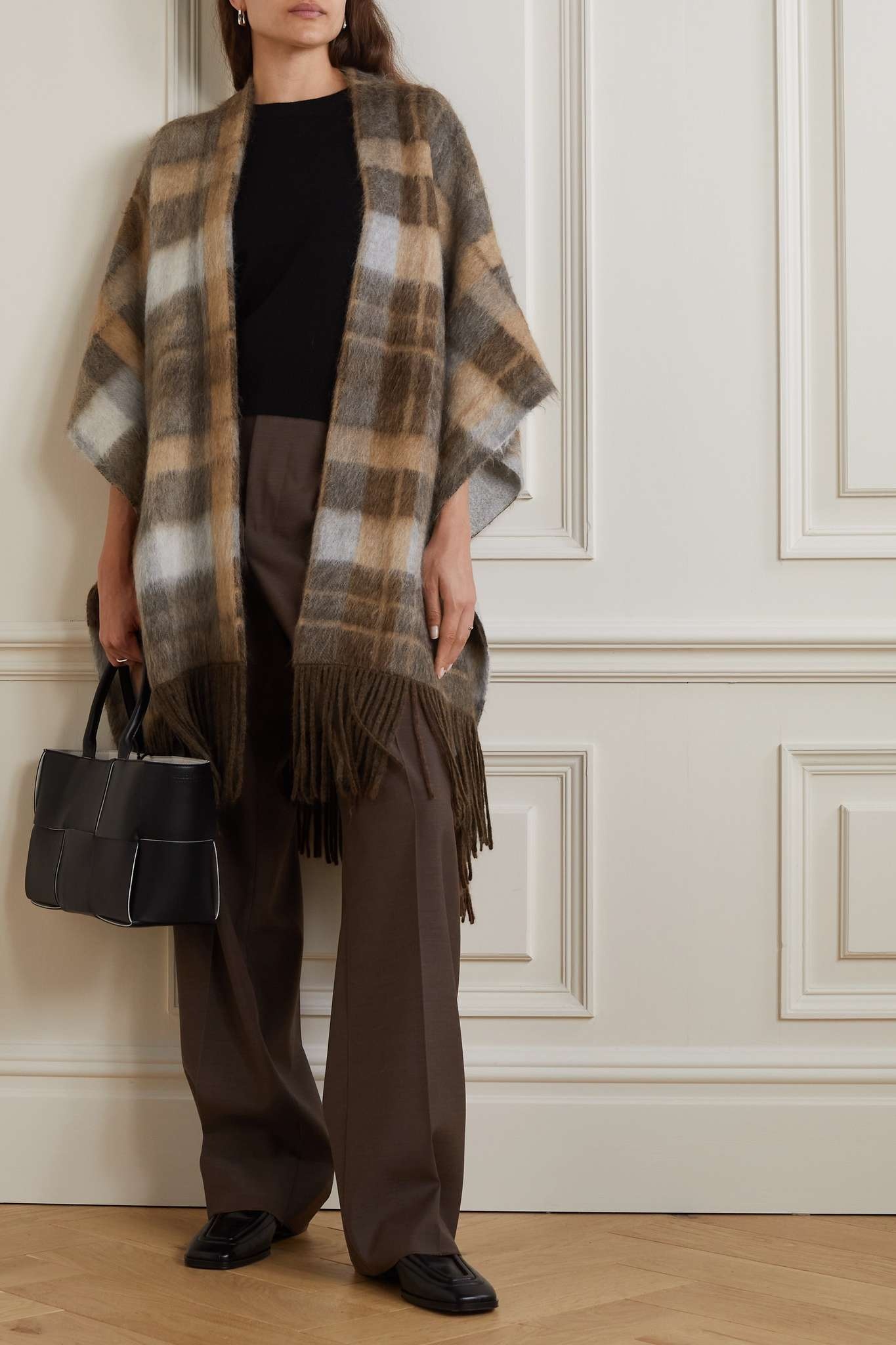 Fringed checked brushed knitted poncho - 2