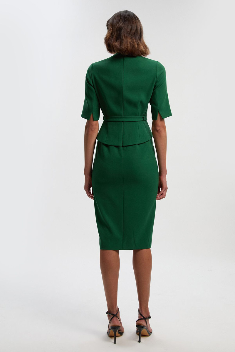Structured Crepe Forever Asymmetric Neck Belted Pencil Midi Dress 5