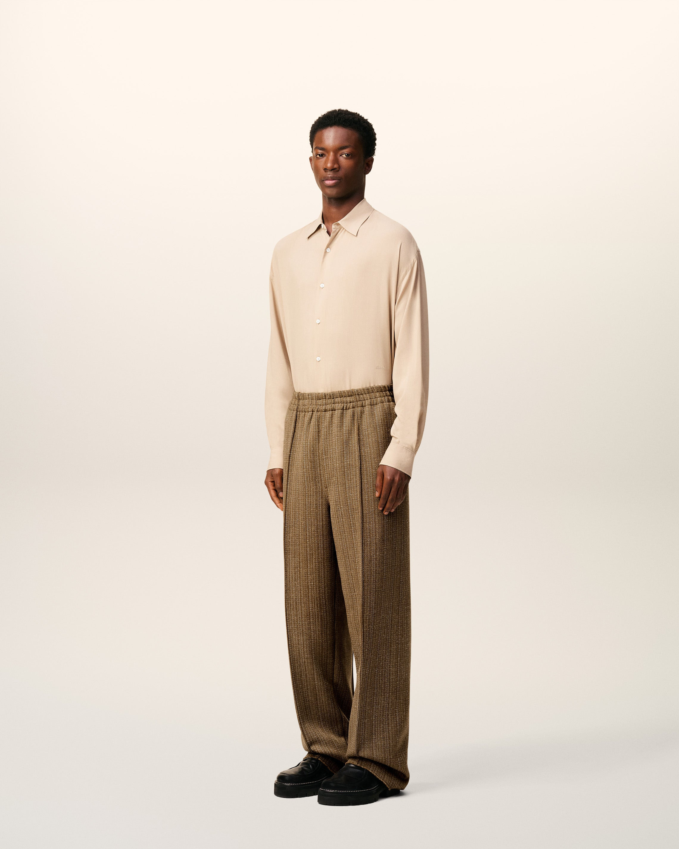 BROWN WOOL HERRINGBONE ELASTICATED TROUSERS - 6