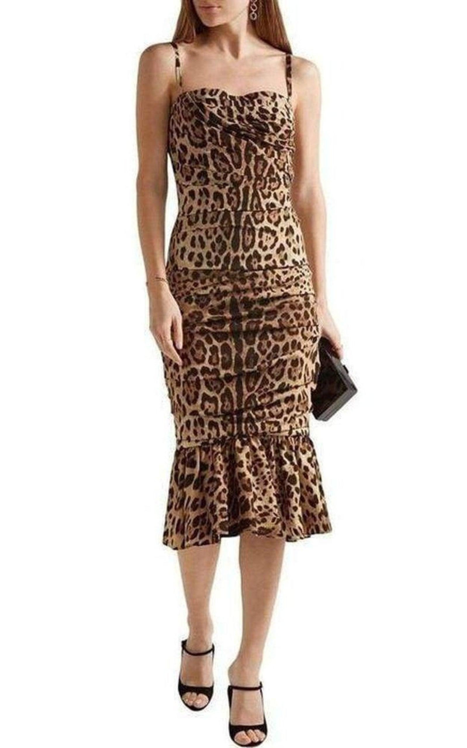 Ruched Leopard Print Silk Cady Midi Dress - 2