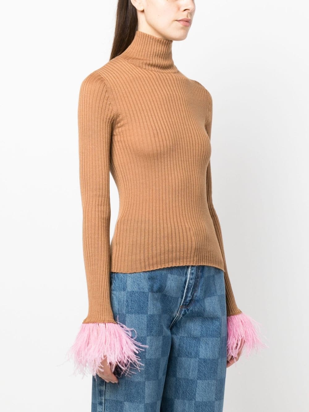 feather-cuff ribbed-knit jumper - 3