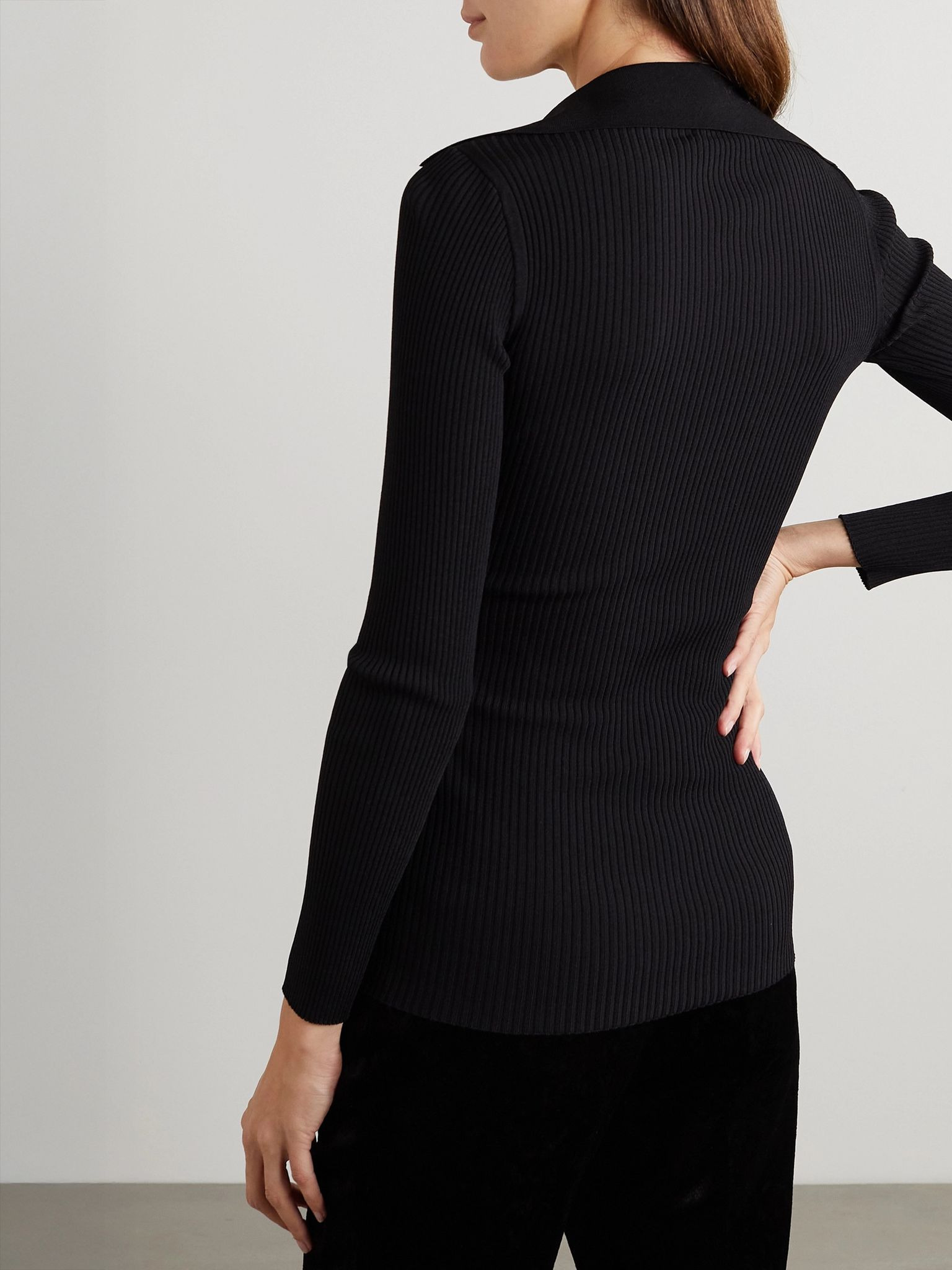 Embellished ribbed-knit polo sweater Black - 3