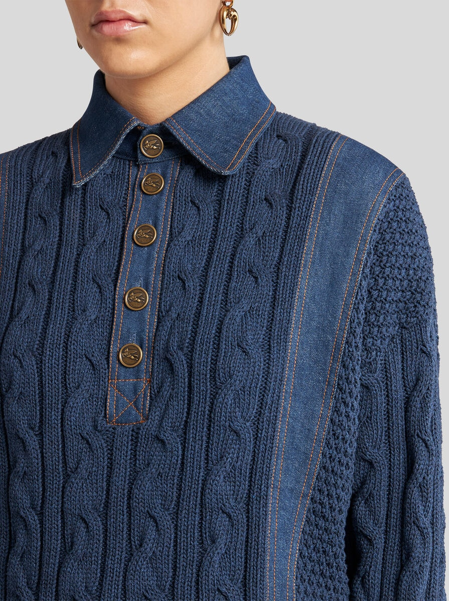 KNIT POLO SHIRT WITH DENIM INSERTS - 3