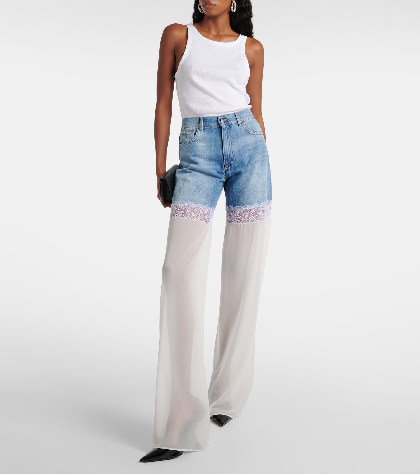 Paneled high-rise tulle wide-leg jeans - 2