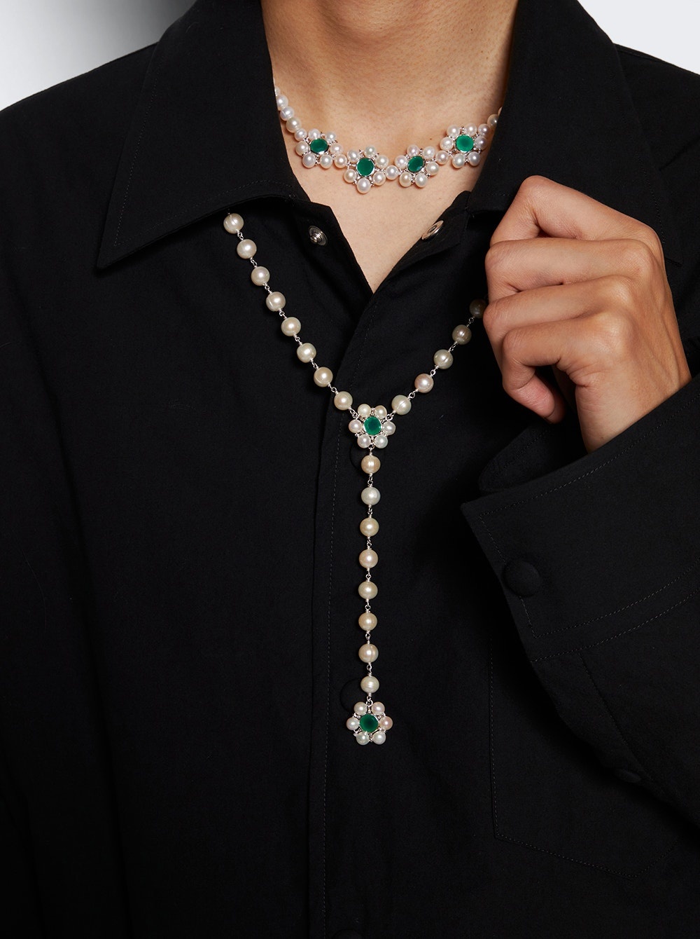 The Macro Flower Pearl Rosary Necklace 18k White Gold - 2