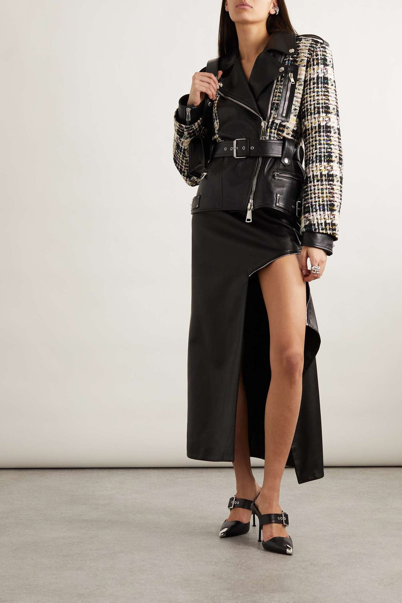 Alexander McQueen Belted leather and metallic tweed biker jacket outlook