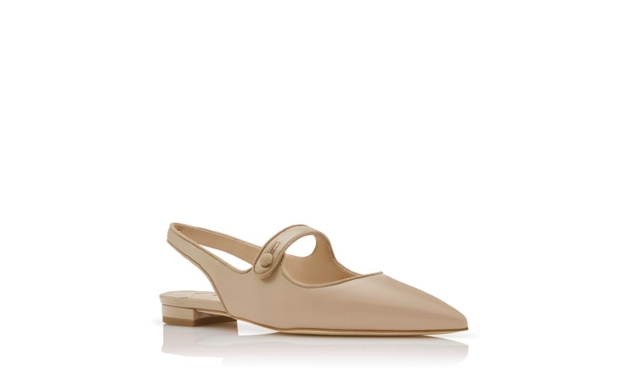 Beige Nappa Leather Slingback Flat Pumps - 3