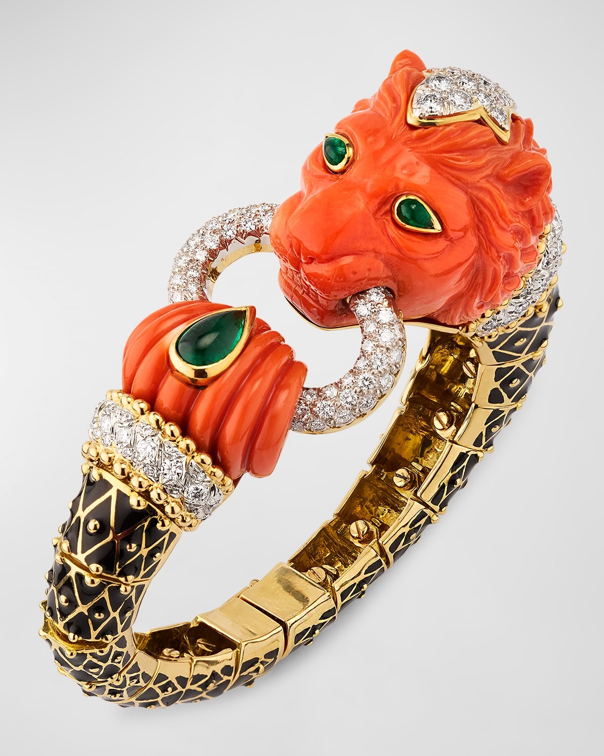 18K Yellow Gold and Platinum Lion Bracelet with Coral, Emerald and Diamonds - 3