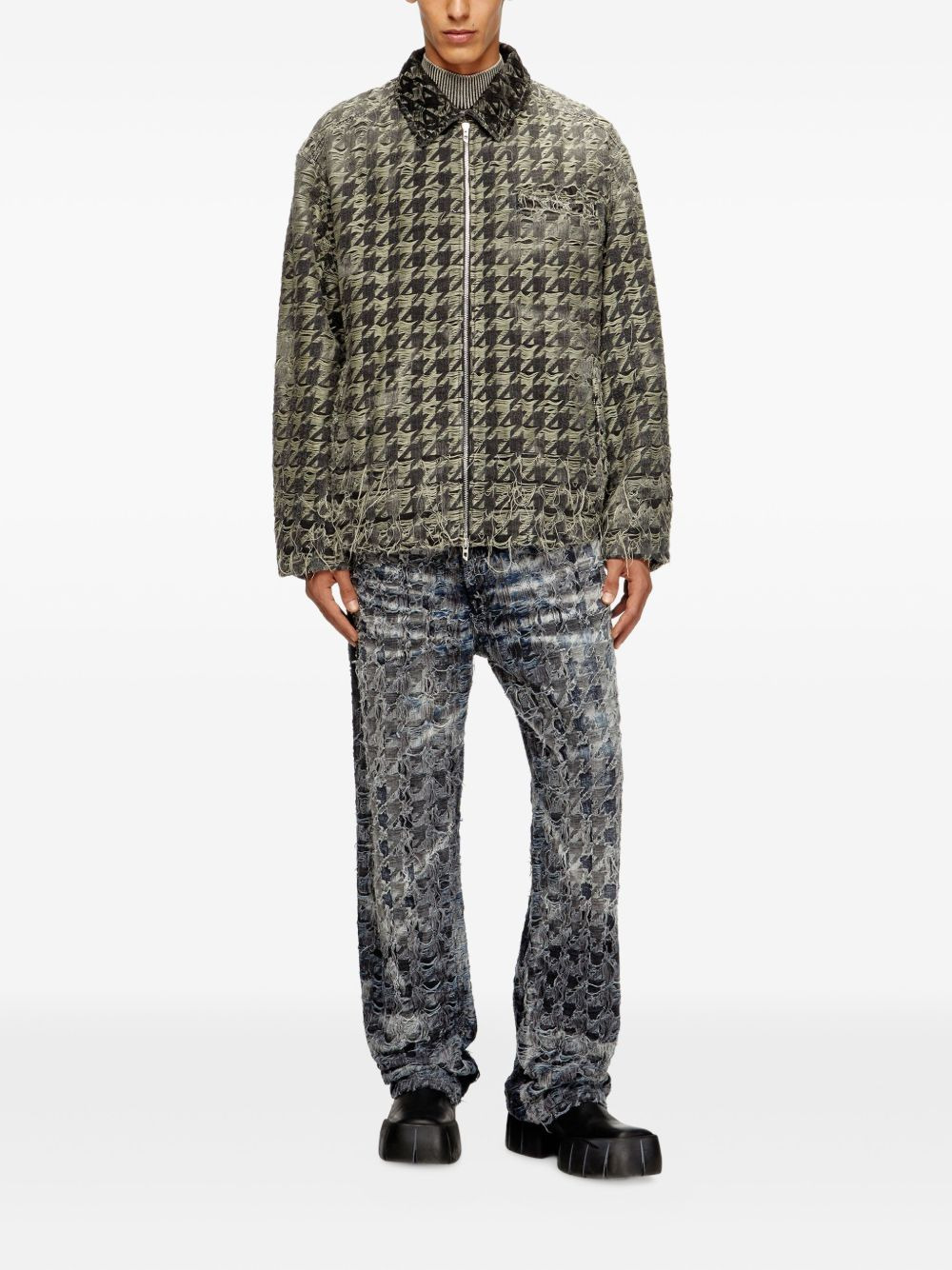 houndstooth-pattern frayed-edges denim jacket - 2