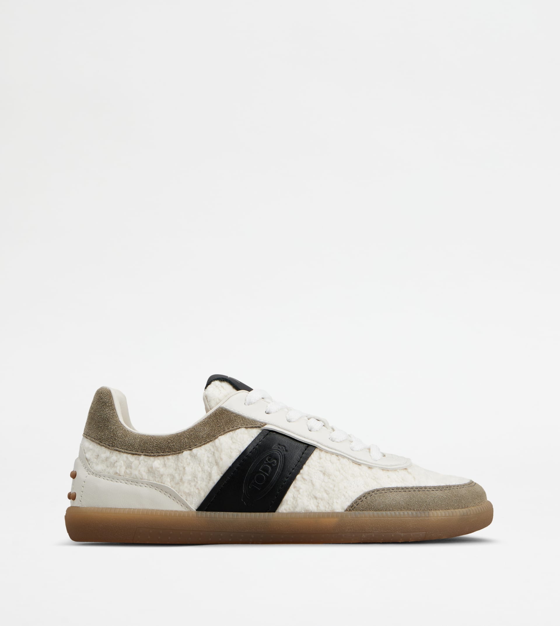 TOD'S TABS SNEAKERS IN LEATHER AND BOUCLÉ FABRIC - OFF WHITE, GREY, BLACK - 1
