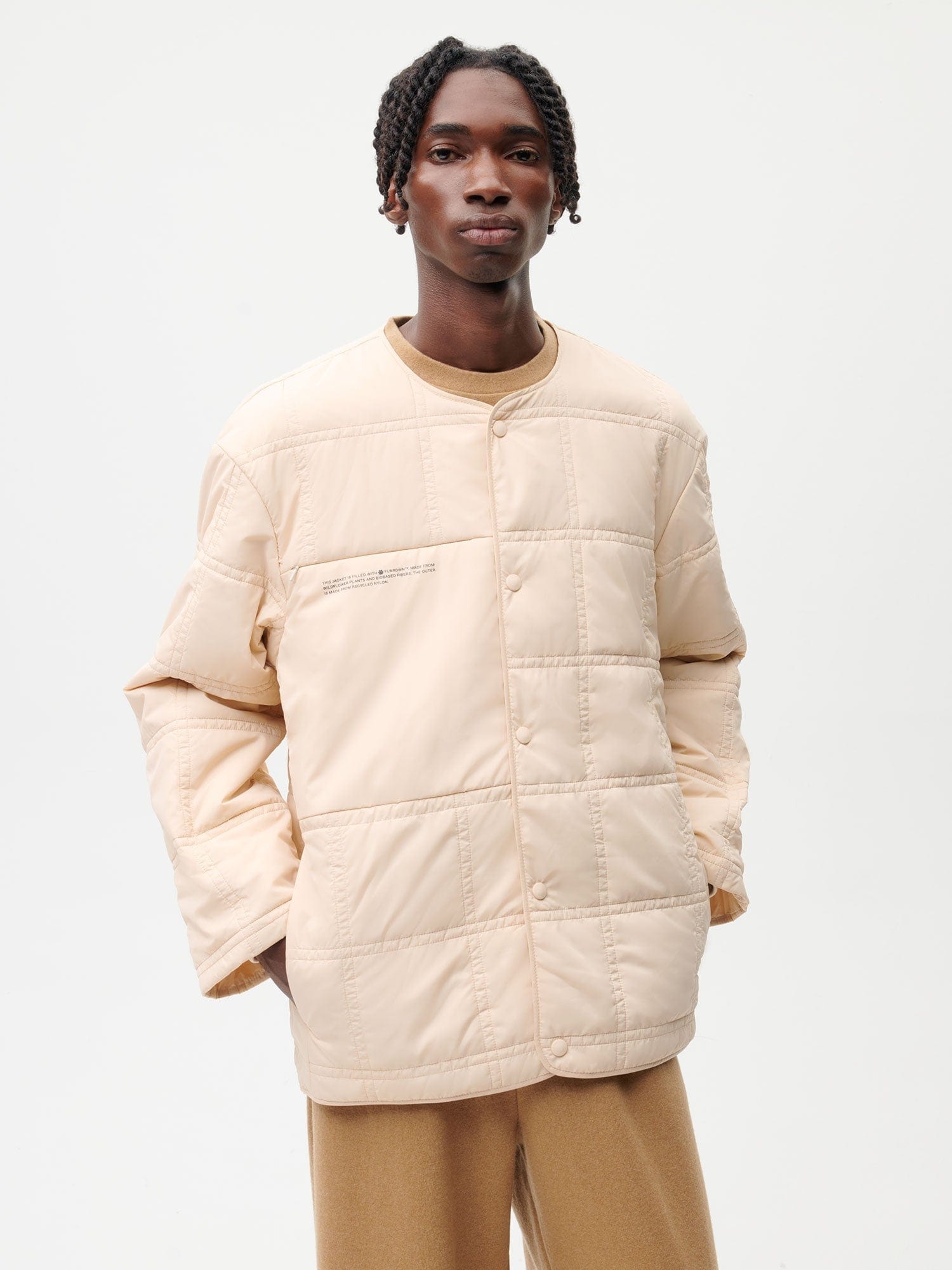 Mens Flower-Warmth Quilted Collarless Jacket - Sand - 3