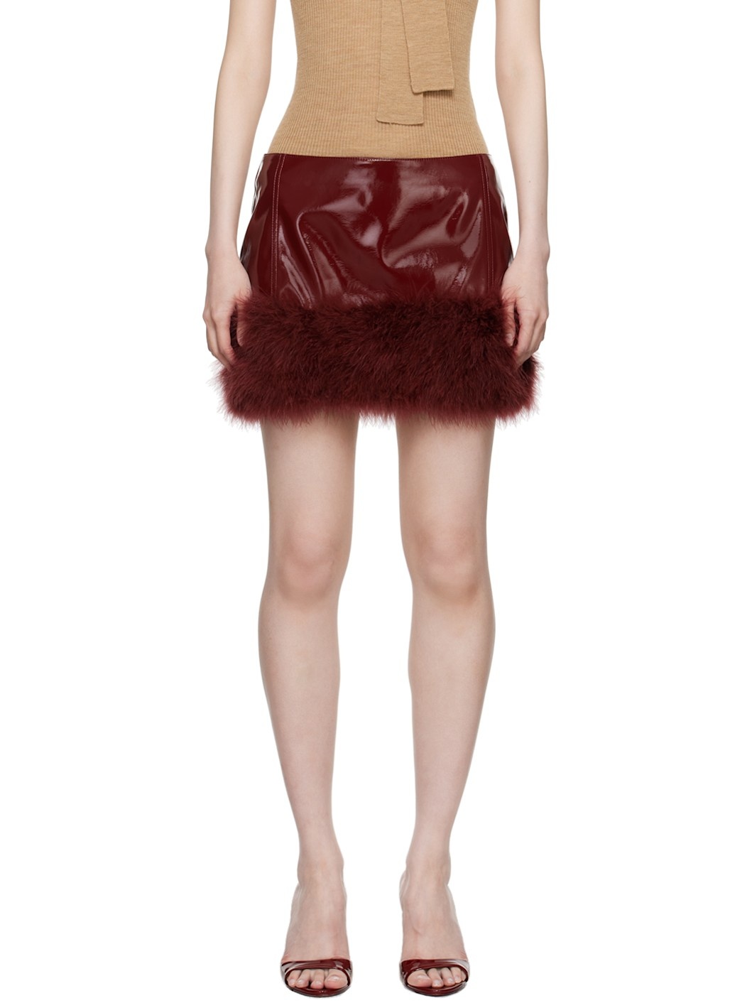 Burgundy Marabou Feather Faux-Leather Miniskirt - 1