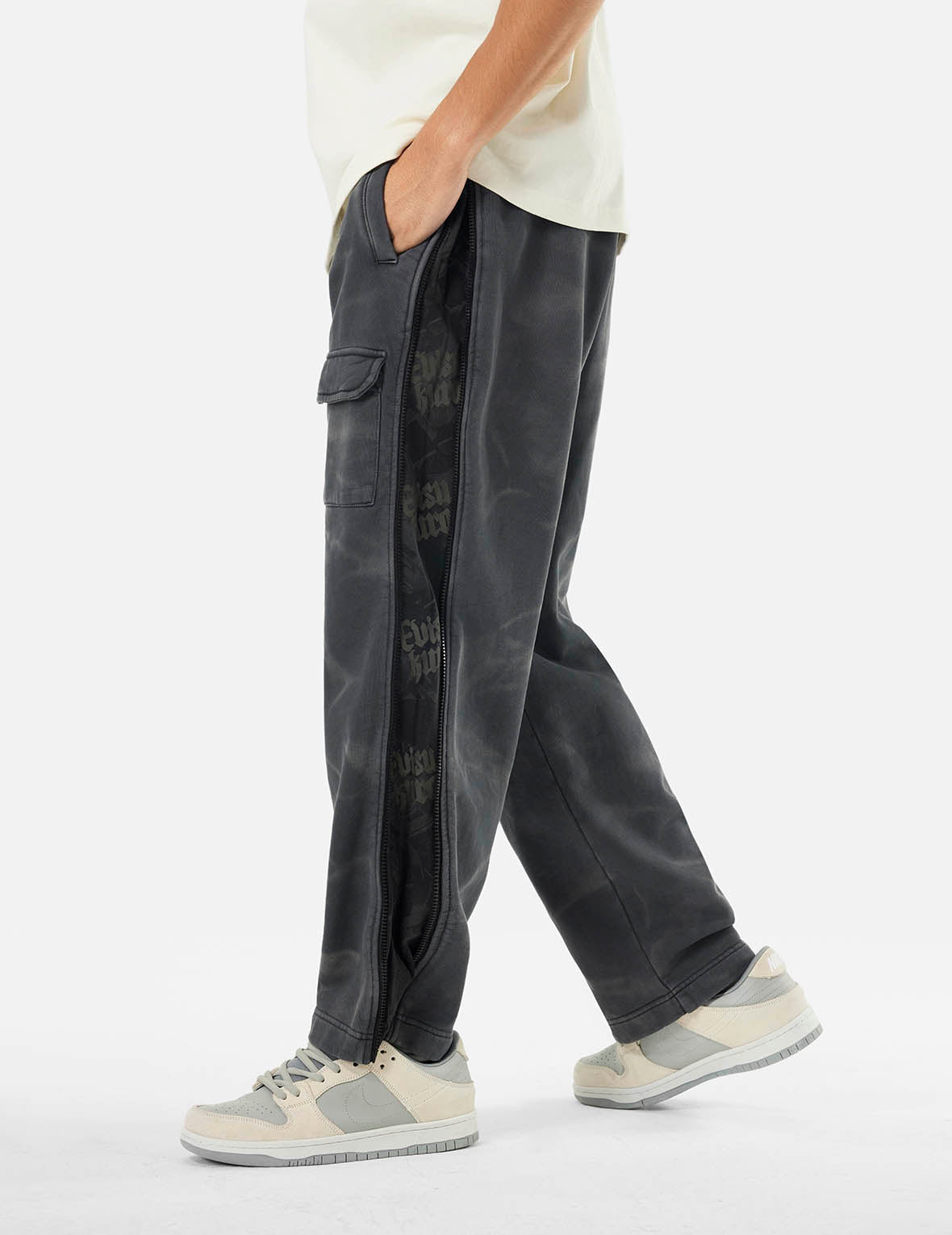 Garment Dyed Logo Print Side Zip Relax Fit Sweatpants - 7