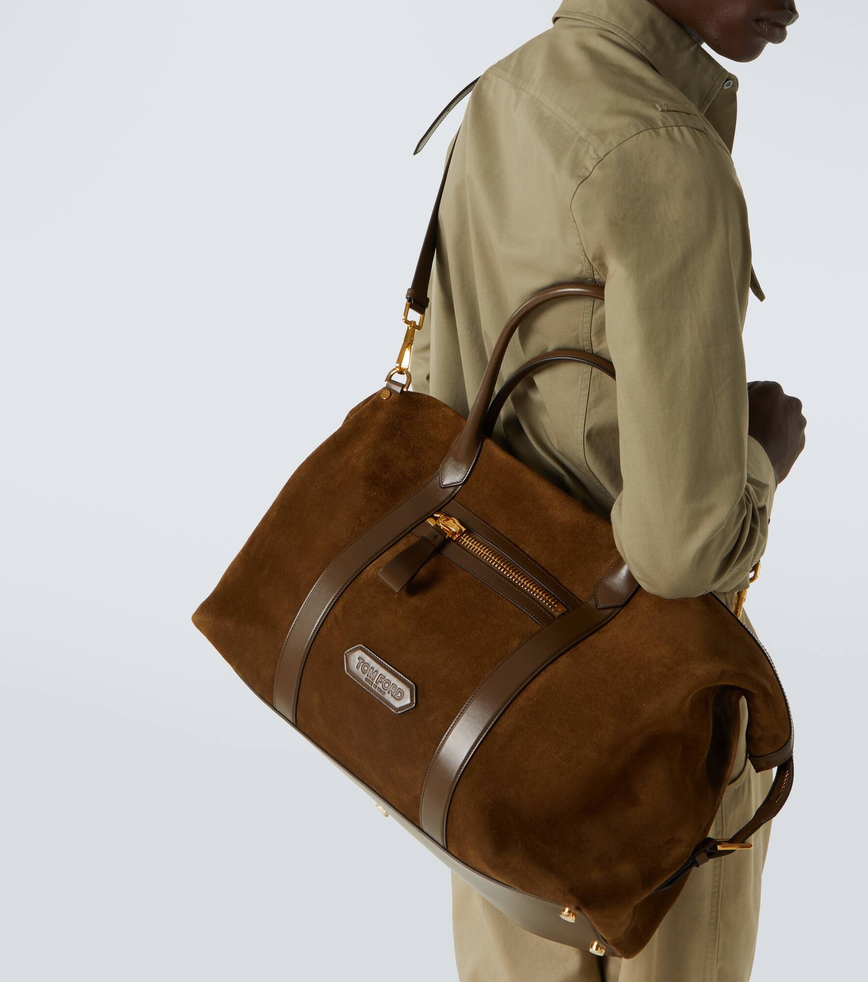 Leather-trimmed suede duffel bag - 2