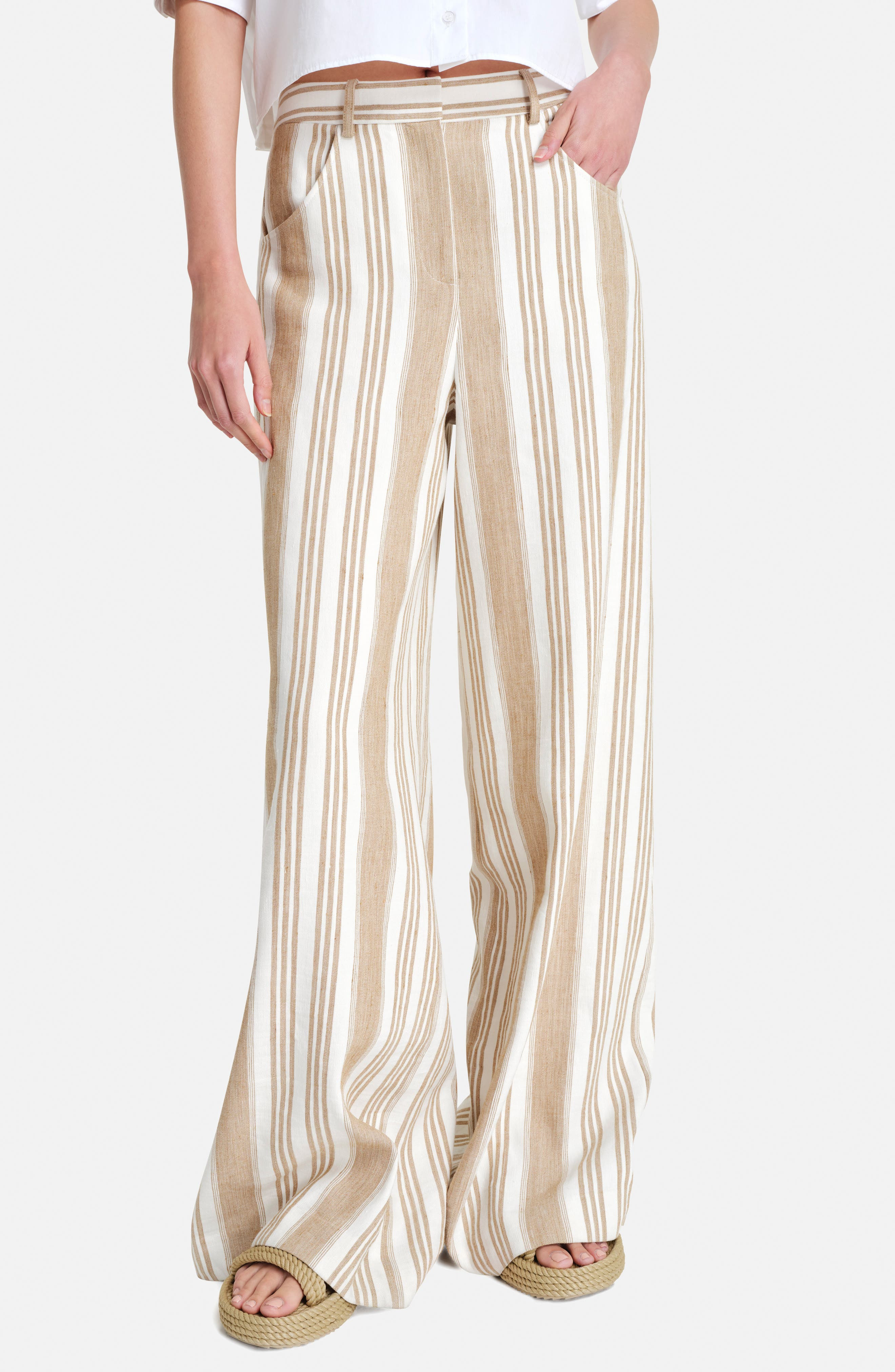 TWP Demie Variegated Stripe Linen & Cotton Wide Leg Pants in White/Khaki at Nordstrom - 1