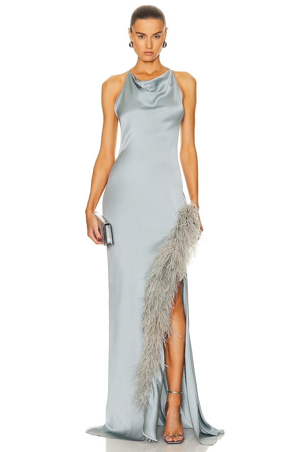 Doubleface Satin Halter Cowl Neck Ostrich Gown - 1