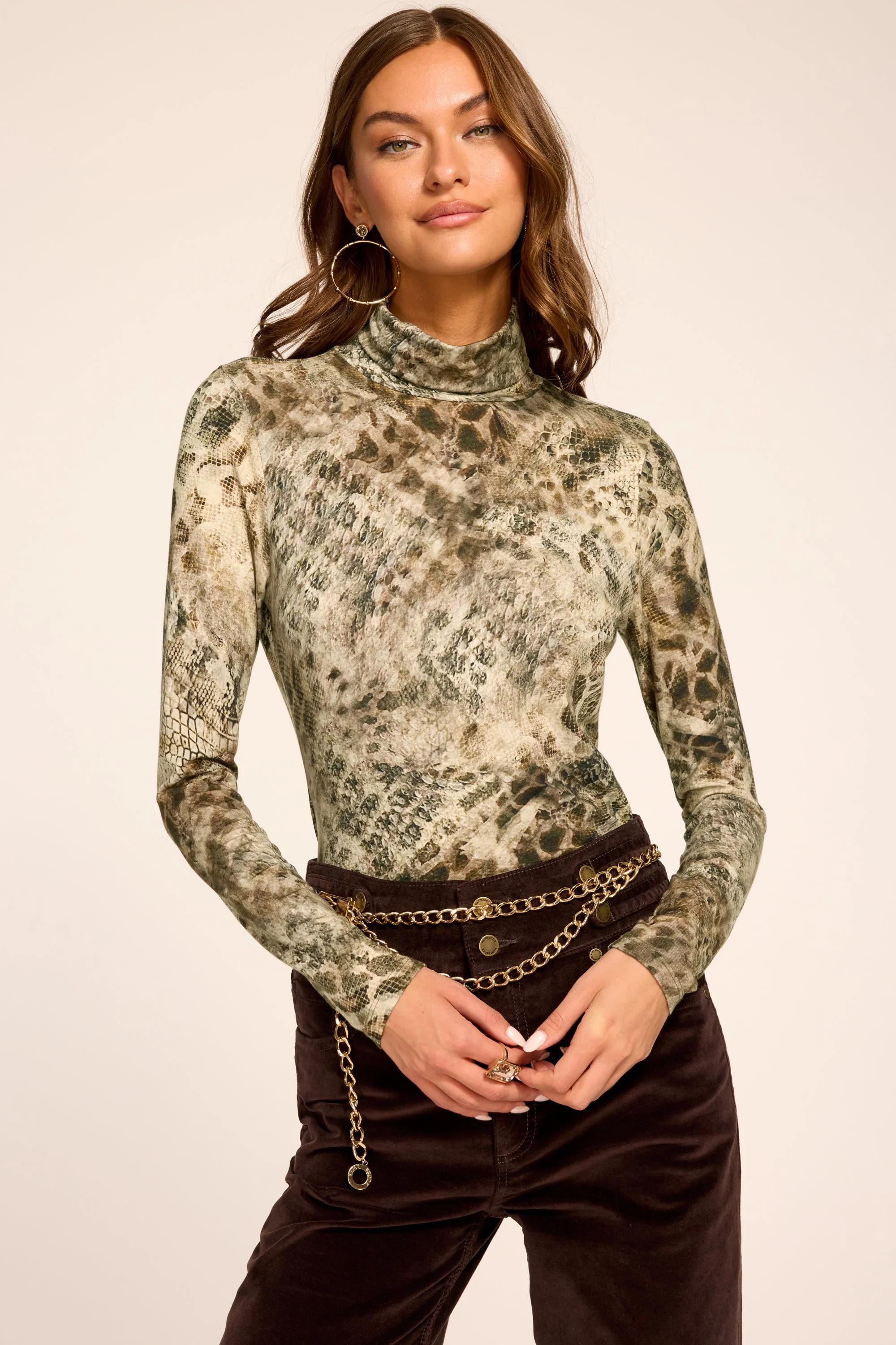 Thea Printed Knit Turtleneck Top Designer Luxury - 1