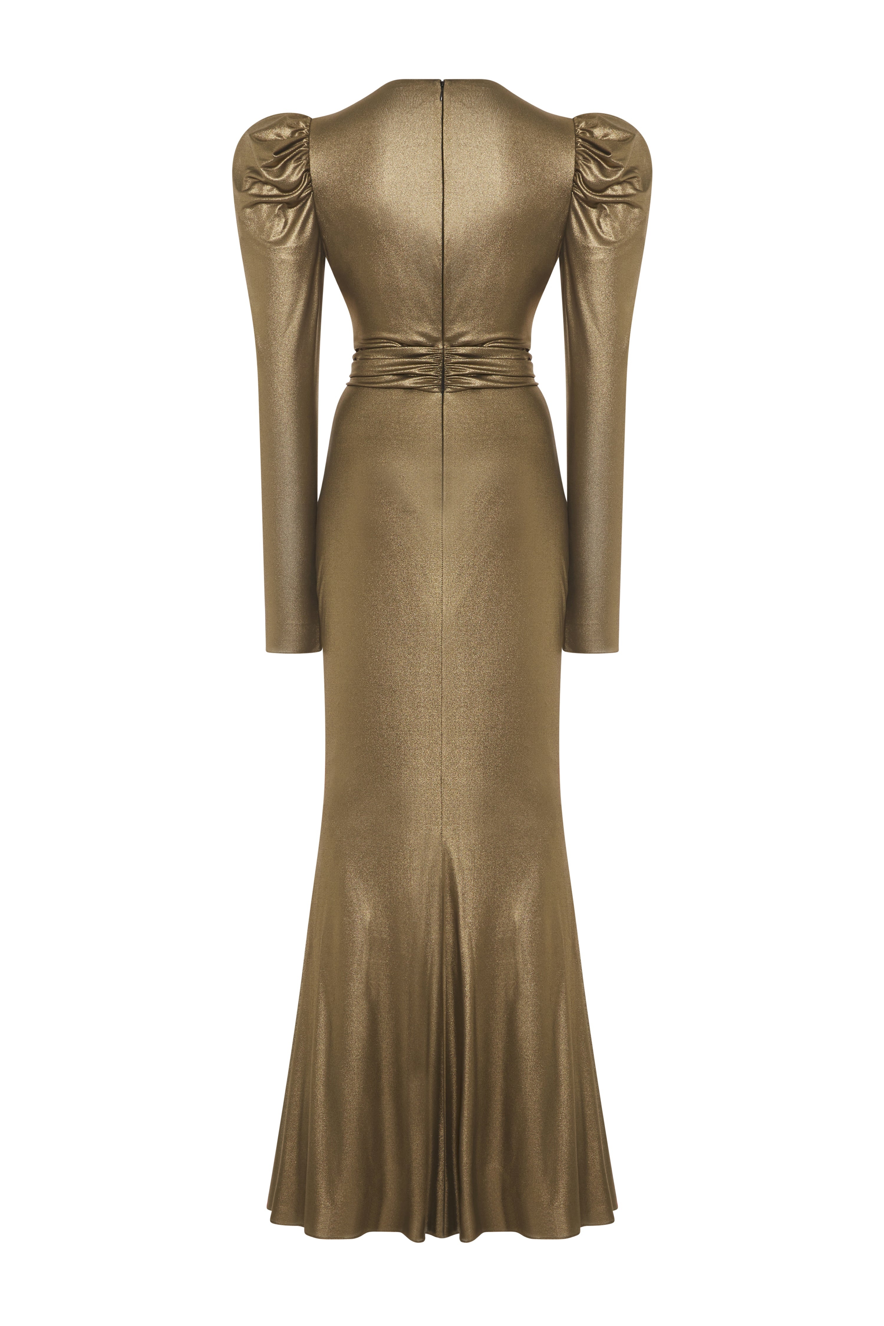 LAMINATED JERSEY V-NECK EVENING DRESS WITH BOW - 2