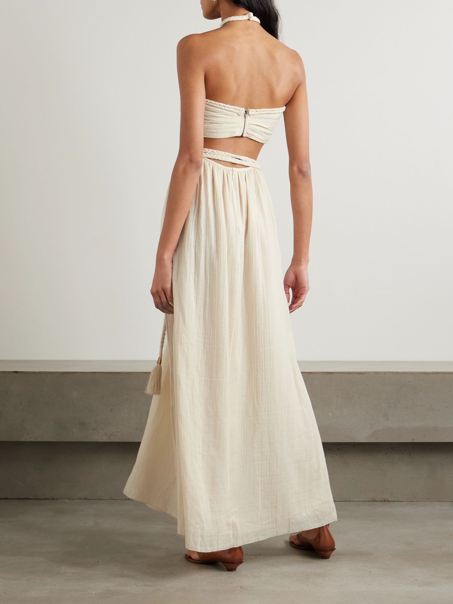 Justine embellished cutout braided cotton-gauze halterneck maxi dress Beige - 3