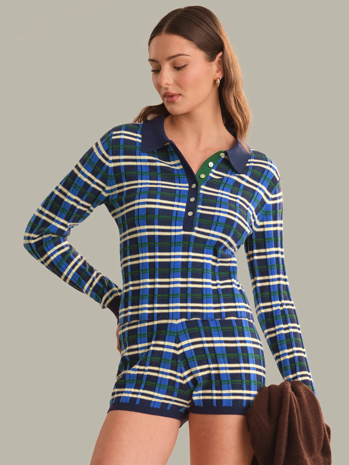 Sienna Plaid Rib Polo Top - 1
