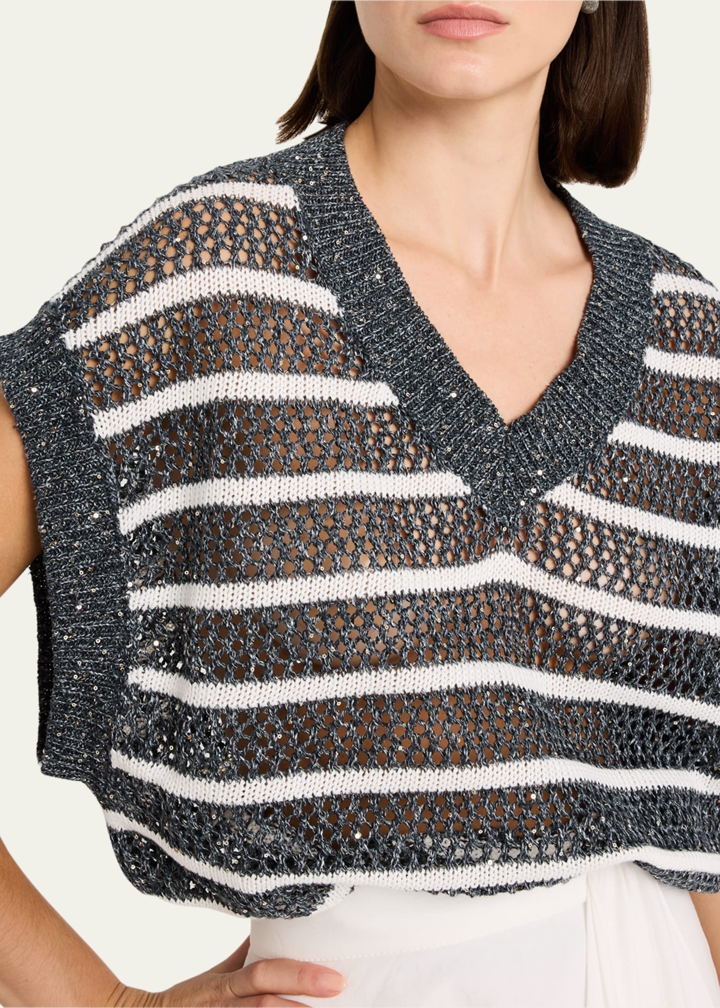 Antibes Striped Paillette Open-Knit Sleeveless Sweater - 5