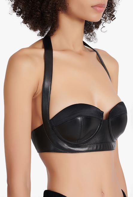 Black leather crop top with open back - 6