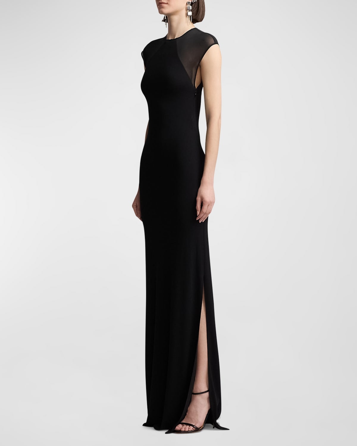 Sheer-Sleeve Jersey Column Maxi Dress - 3