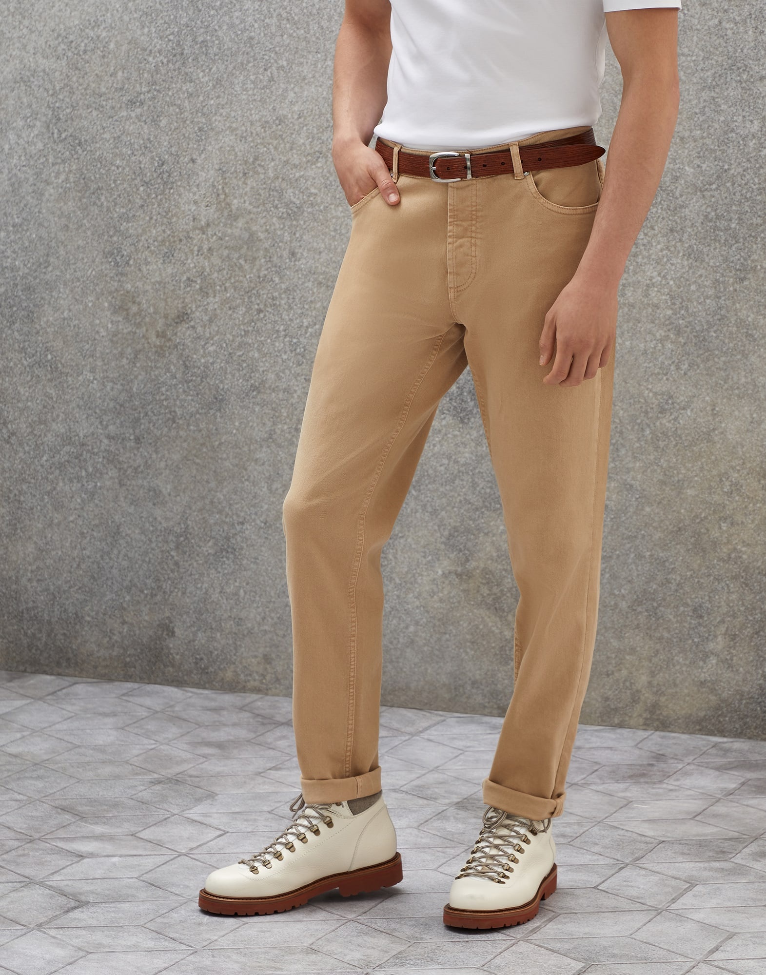 Dyed comfort lightweight denim traditional fit five-pocket trousers - 1