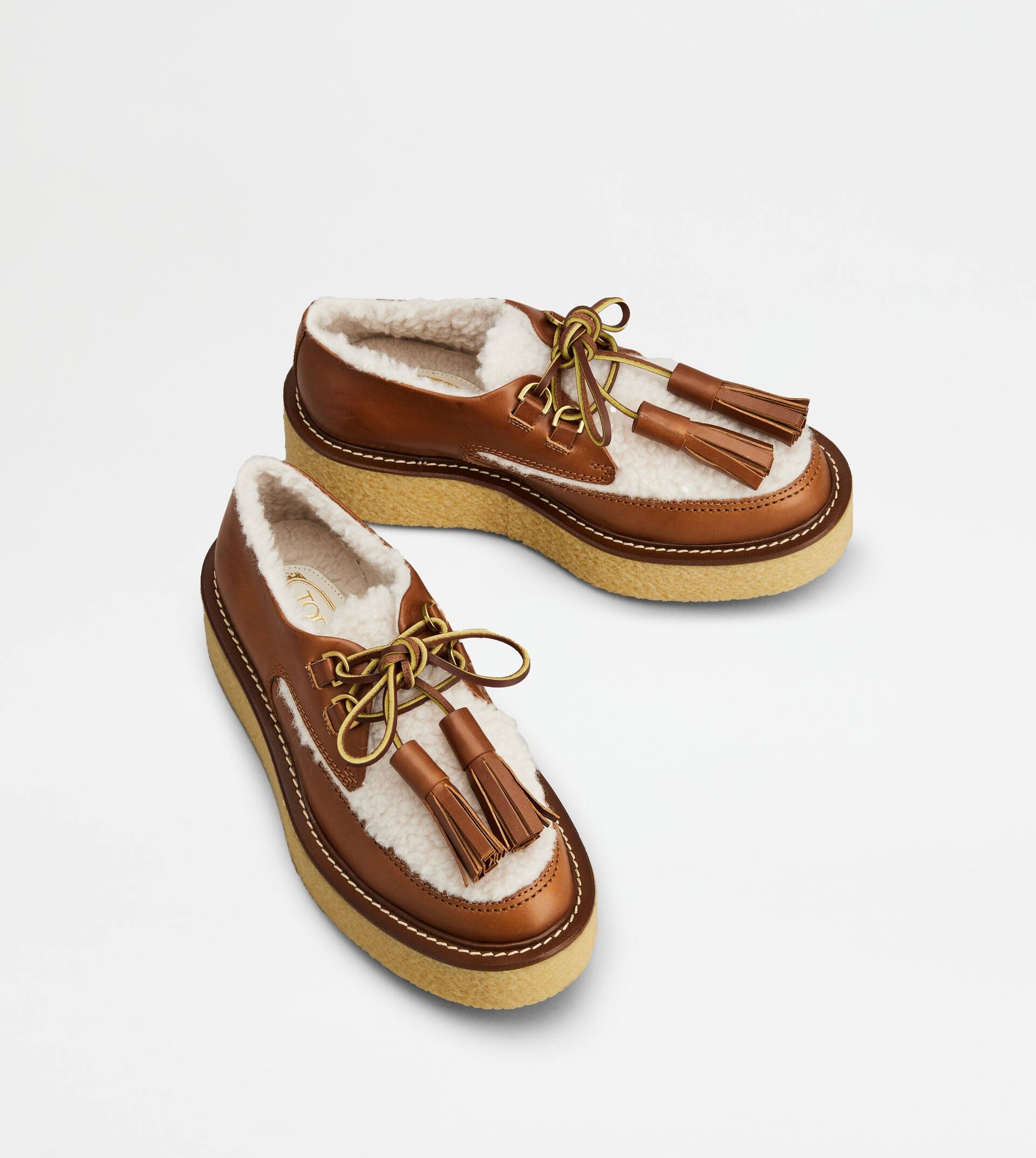 LACED PLATFORM LOAFERS IN LEATHER AND WOOL - BROWN, OFF WHITE - 3