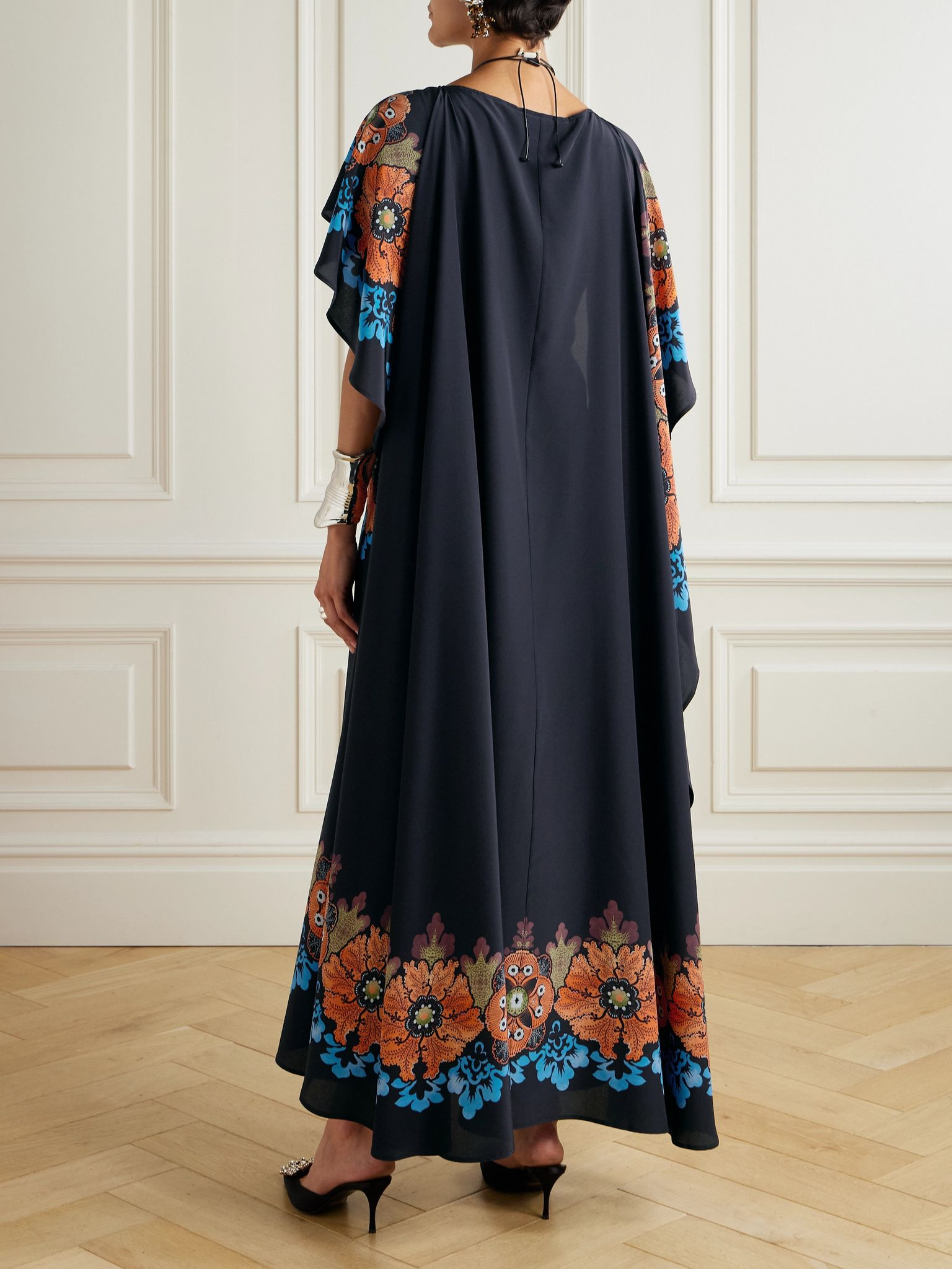 Magic cape-effect printed silk-crepe maxi dress Navy - 3