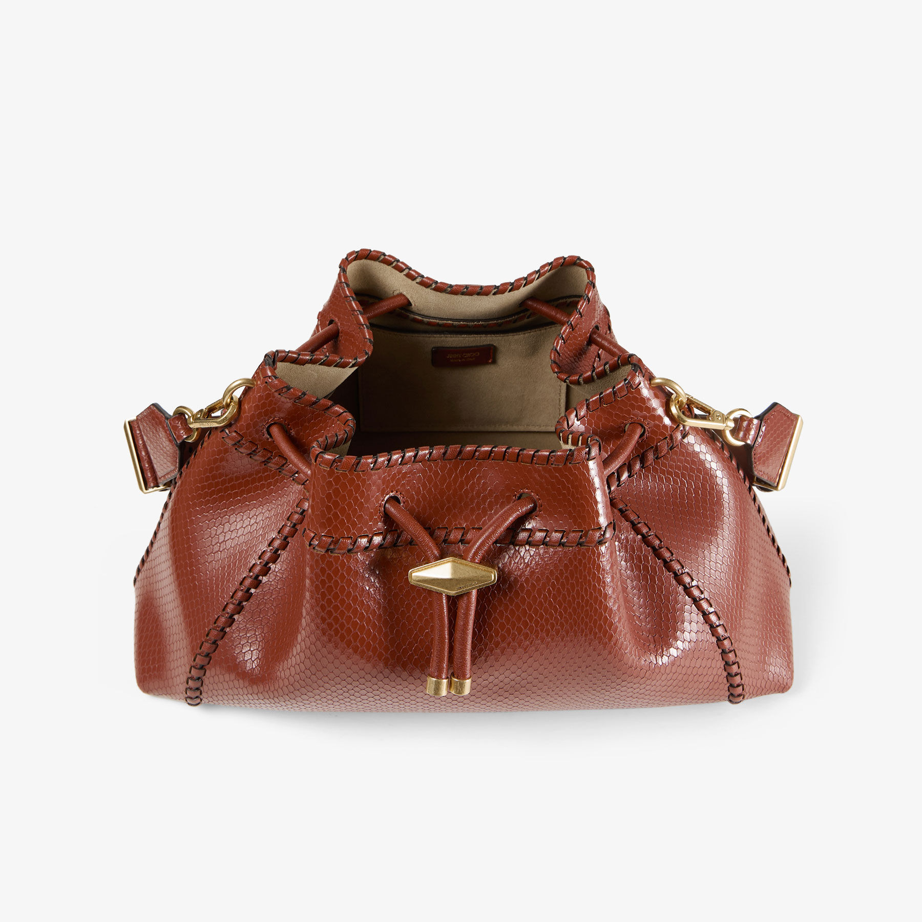 Cinch M
Cognac Elaphe Printed Leather Bucket Bag with Biker Leather Whipstitching - 5