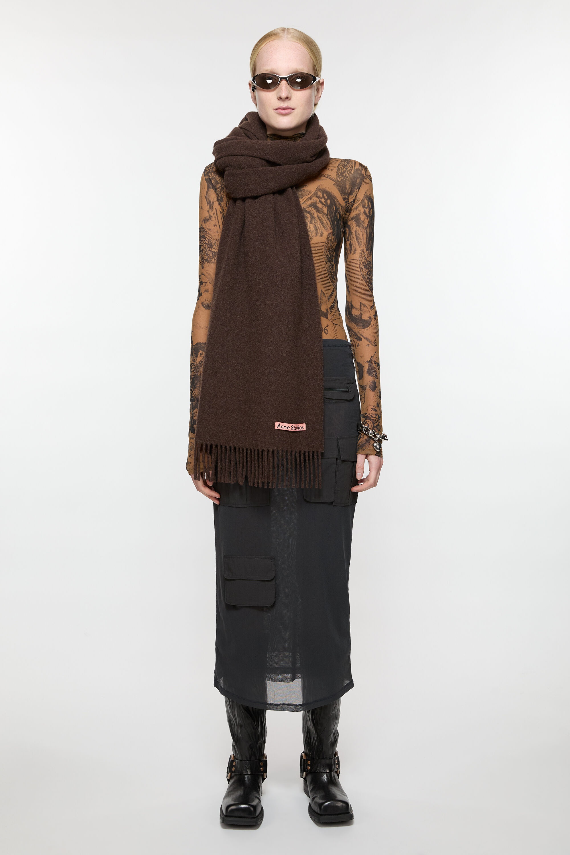 Fringe wool scarf - oversized - Brown melange - 2